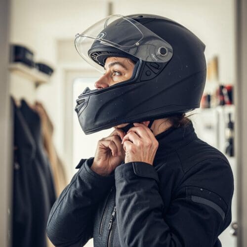 Eine Frau in Motorradjacke, die konzentriert den Sitz ihres Helms überprüft und den Kinnriemen festzieht.